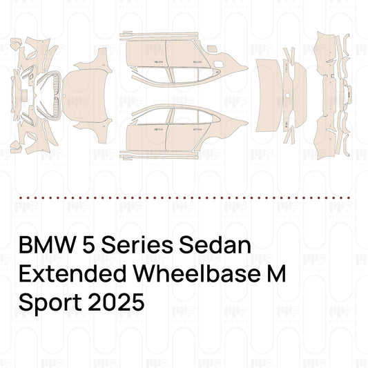 Pre-cut PPF pattern set for the BMW 5 Series Sedan Extended Wheelbase M Sport 2025: outlines of every film piece in the kit.