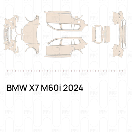 Pre-cut PPF pattern set for the BMW X7 M60i 2024: outlines of every film piece in the kit.
