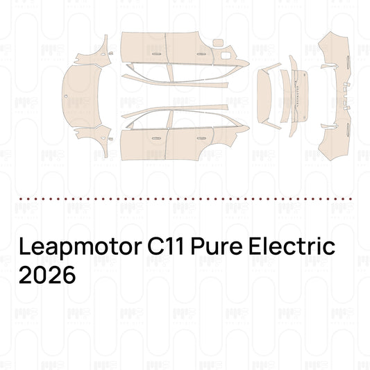 Pre-cut PPF pattern set for the Leapmotor C11 Pure Electric 2026: outlines of every film piece in the kit.