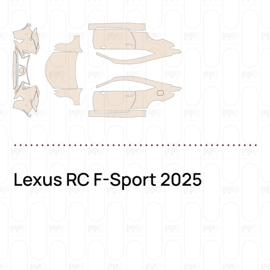 Pre-cut PPF pattern set for the Lexus RC F-Sport 2025: outlines of every film piece in the kit.
