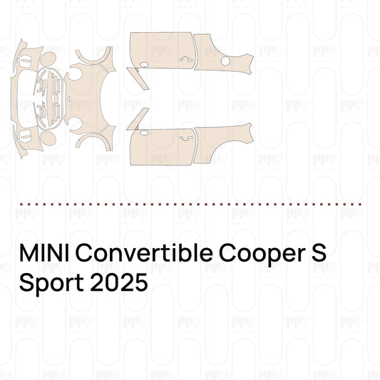 Pre-cut PPF pattern set for the MINI Convertible Cooper S Sport 2025: outlines of every film piece in the kit.