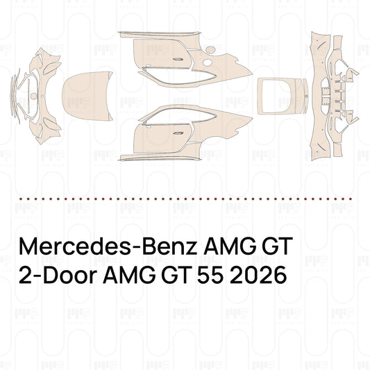 Pre-cut PPF pattern set for the Mercedes-Benz AMG GT 2-Door AMG GT 55 2026: outlines of every film piece in the kit.