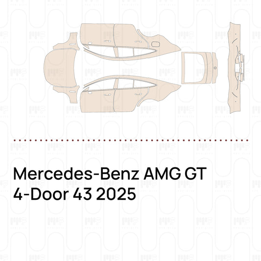 Pre-cut PPF pattern set for the Mercedes-Benz AMG GT 4-Door 43 2025: outlines of every film piece in the kit.