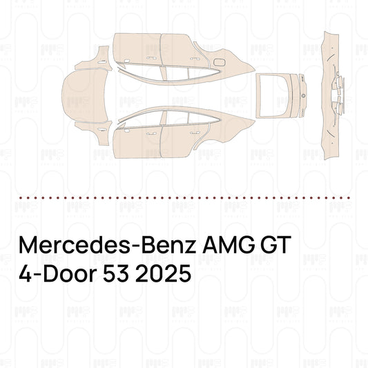 Pre-cut PPF pattern set for the Mercedes-Benz AMG GT 4-Door 53 2025: outlines of every film piece in the kit.