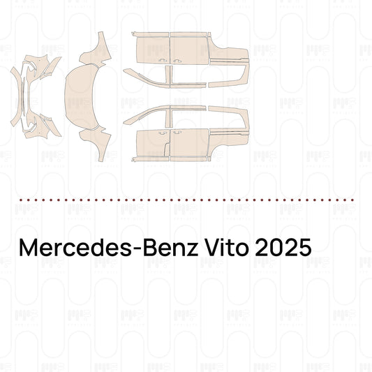 Pre-cut PPF pattern set for the Mercedes-Benz Vito 2025: outlines of every film piece in the kit.