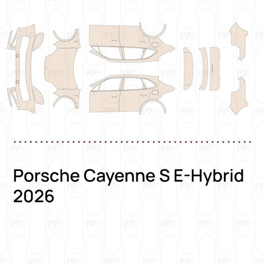 Pre-cut PPF pattern set for the Porsche Cayenne S E-Hybrid 2026: outlines of every film piece in the kit.
