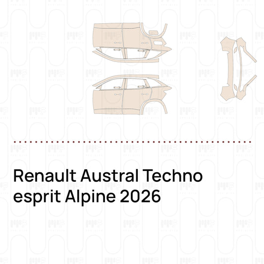 Pre-cut PPF pattern set for the Renault Austral Techno esprit Alpine 2026: outlines of every film piece in the kit.