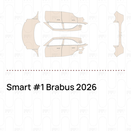 Pre-cut PPF pattern set for the Smart hash escaped 1 Brabus 2026: outlines of every film piece in the kit.