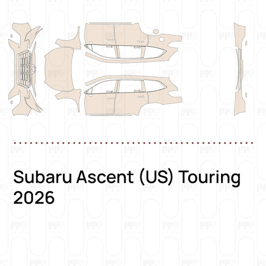 Pre-cut PPF pattern set for the Subaru Ascent US Touring 2026: outlines of every film piece in the kit.
