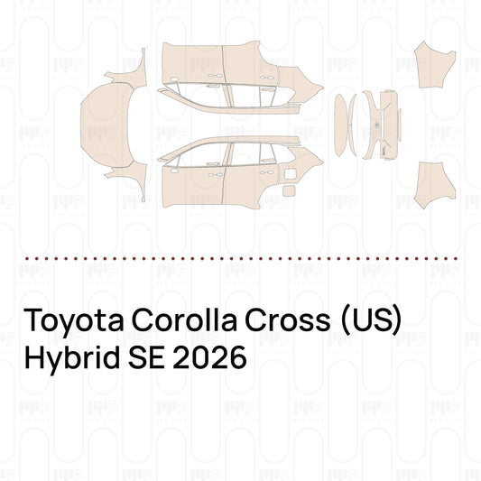 Pre-cut PPF pattern set for the Toyota Corolla Cross US Hybrid SE 2026: outlines of every film piece in the kit.