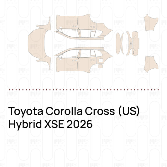 Pre-cut PPF pattern set for the Toyota Corolla Cross US Hybrid XSE 2026: outlines of every film piece in the kit.