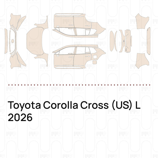 Pre-cut PPF pattern set for the Toyota Corolla Cross US L 2026: outlines of every film piece in the kit.
