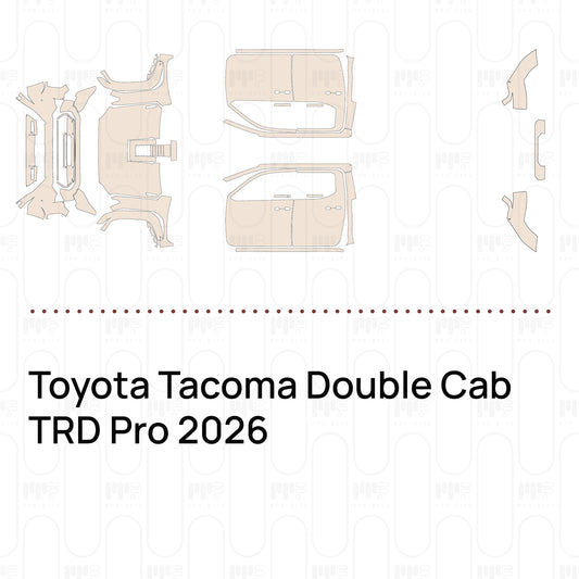 Pre-cut PPF pattern set for the Toyota Tacoma Double Cab TRD Pro 2026: outlines of every film piece in the kit.