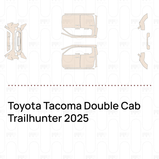 Pre-cut PPF pattern set for the Toyota Tacoma Double Cab Trailhunter 2025: outlines of every film piece in the kit.