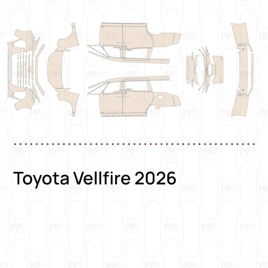 Pre-cut PPF pattern set for the Toyota Vellfire 2026: outlines of every film piece in the kit.