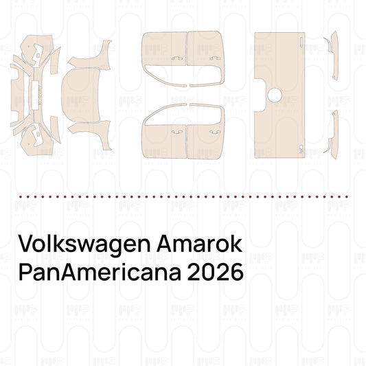 Pre-cut PPF pattern set for the Volkswagen Amarok PanAmericana 2026: outlines of every film piece in the kit.