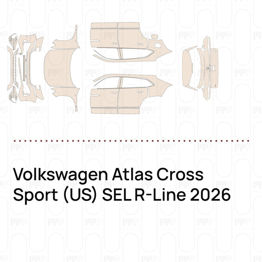 Pre-cut PPF pattern set for the Volkswagen Atlas Cross Sport US SEL R-Line 2026: outlines of every film piece in the kit.