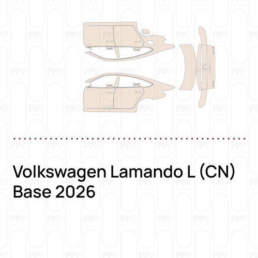 Pre-cut PPF pattern set for the Volkswagen Lamando L CN Base 2026: outlines of every film piece in the kit.