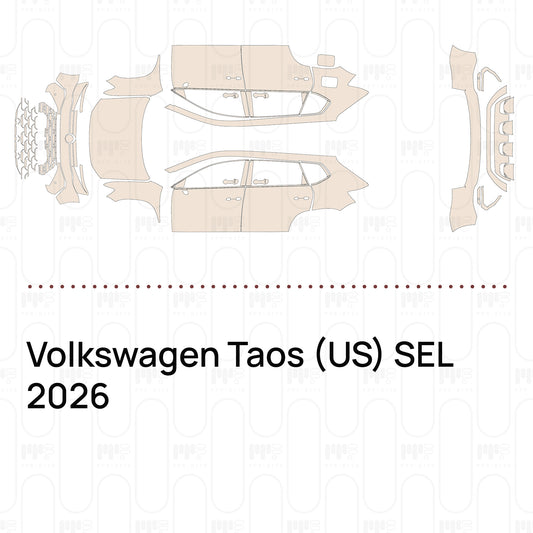 Pre-cut PPF pattern set for the Volkswagen Taos US SEL 2026: outlines of every film piece in the kit.