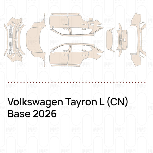 Pre-cut PPF pattern set for the Volkswagen Tayron L CN Base 2026: outlines of every film piece in the kit.