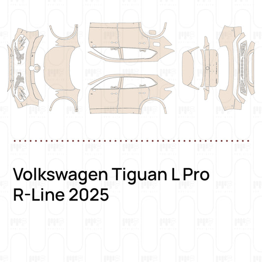 Pre-cut PPF pattern set for the Volkswagen Tiguan L Pro R-Line 2025: outlines of every film piece in the kit.